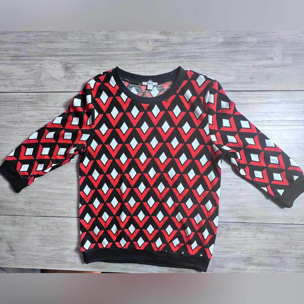 Geometric Print Sweater S  Red Navy Retro Y2K Stretch Pullover Indie Vintage